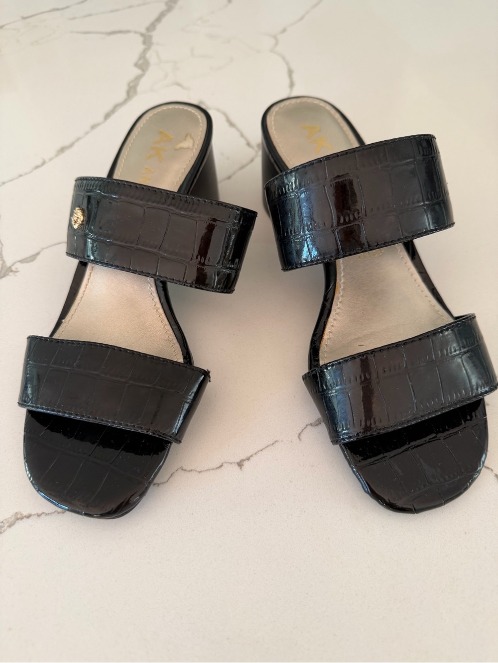 Anne Klein Black Croc-Embossed Double Strap Slide Mules